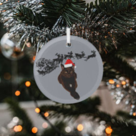 Schwarze Katze mit Weihnachtsmannmütze | Schlitten Ornament Aus Glas