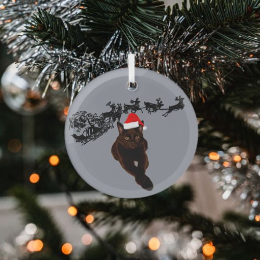 Schwarze Katze mit Weihnachtsmannmütze | Schlitten Ornament Aus Glas