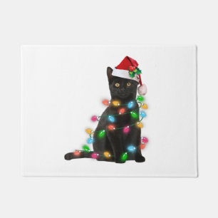 Schwarze Katze mit Weihnachtsmannmütze Weihnachtsb Fußmatte