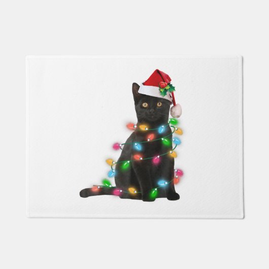 Schwarze Katze mit Weihnachtsmannmütze Weihnachtsb Fußmatte (Vorderseite)