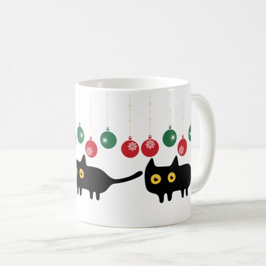 Schwarze Katze mit Weihnachtsschmuck-Tasse Kaffeetasse (VorderseiteRechts)