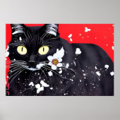 Schwarze Katze mit weißer Blume, roter Hintergrund Poster (Vorne)