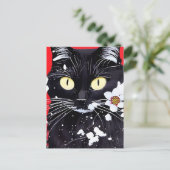 Schwarze Katze mit weißer Blume, roter Hintergrund Postkarte (Stehend Vorderseite)