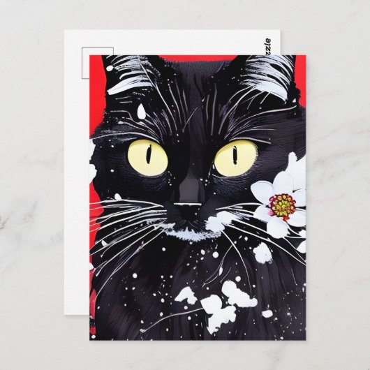 Schwarze Katze mit weißer Blume, roter Hintergrund Postkarte (Vorne/Hinten)