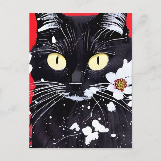Schwarze Katze mit weißer Blume, roter Hintergrund Postkarte (Vorderseite)