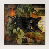 Schwarze Katze mit Zimmerpflanzen Puzzle (Horizontal)