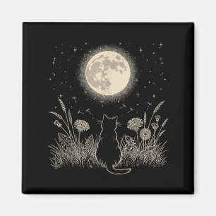 Schwarze Katze Mond Blumen Ästhetik Männer Frauen  Magnet