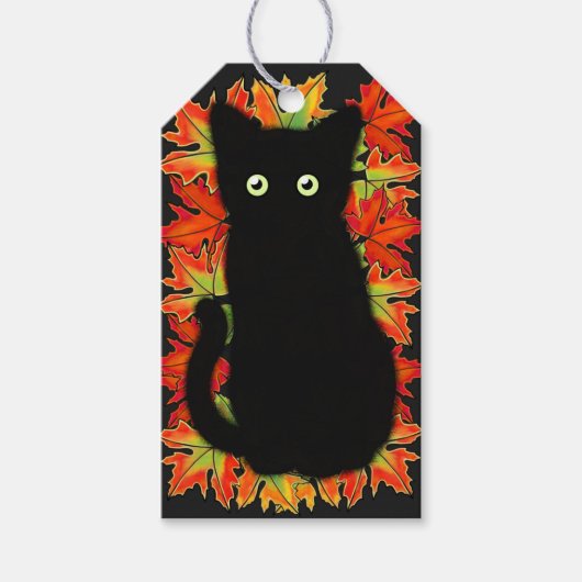 Schwarze Katze, Muster der Herbstblätter, Hallowee Geschenkanhänger (Vorderseite)