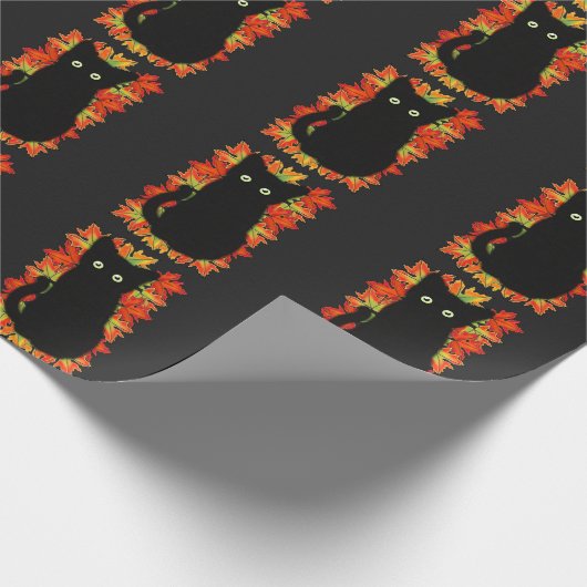 Schwarze Katze, Muster der Herbstblätter, Hallowee Geschenkpapier (Ecke)