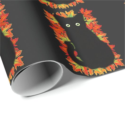 Schwarze Katze, Muster der Herbstblätter, Hallowee Geschenkpapier (Rolleneckpunkt)