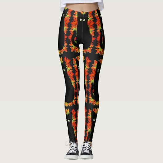Schwarze Katze, Muster der Herbstblätter, Hallowee Leggings (Vorderseite)