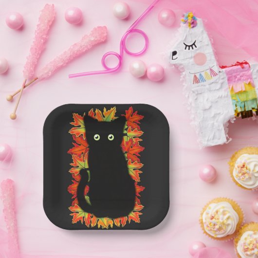 Schwarze Katze, Muster der Herbstblätter, Hallowee Pappteller (Party)