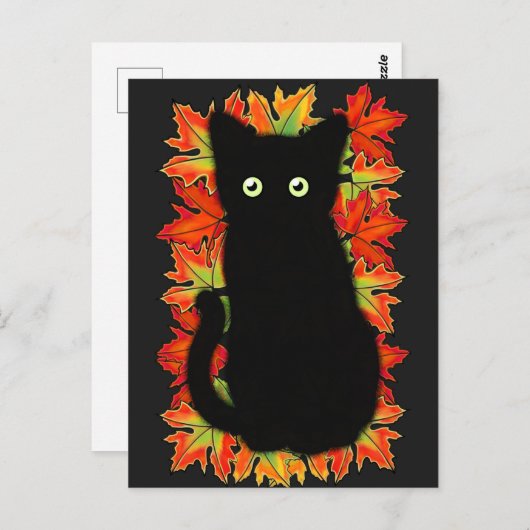 Schwarze Katze, Muster der Herbstblätter, Hallowee Postkarte (Vorne/Hinten)