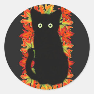 Schwarze Katze, Muster der Herbstblätter, Hallowee Runder Aufkleber