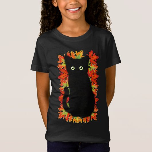 Schwarze Katze, Muster der Herbstblätter, Hallowee T-Shirt (Vorderseite)
