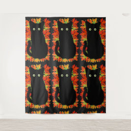 Schwarze Katze, Muster der Herbstblätter, Hallowee Wandteppich