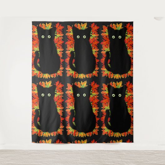 Schwarze Katze, Muster der Herbstblätter, Hallowee Wandteppich (Vorderseite)