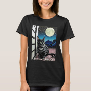 Schwarze Katze Nacht Szene Kirschblüten Mond Berg T-Shirt