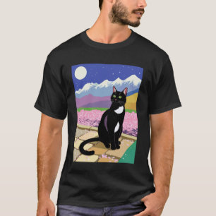 Schwarze-Katze-Nachtszene Kirschblüten-Mond-Berg T-Shirt