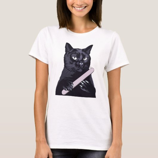 Schwarze Katze Nagelfeile Maniküre Lustige Freche T-Shirt (Vorderseite)