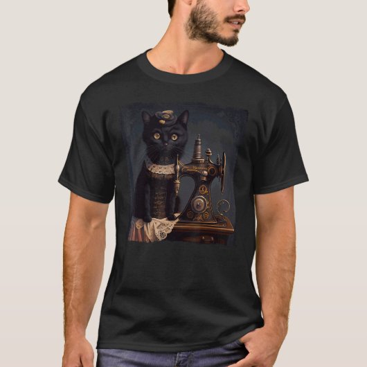 Schwarze Katze näht Steampunk T-Shirt (Vorderseite)