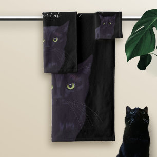 Schwarze Katze Niedlich grüne Augen Personalisiert Badhandtuch Set