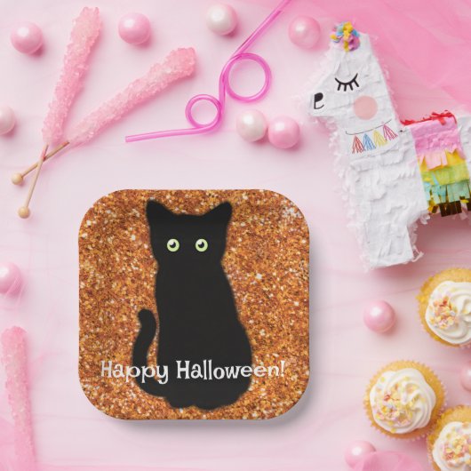 Schwarze Katze, niedliches Kätzchen, glitzernder o Pappteller (Party)