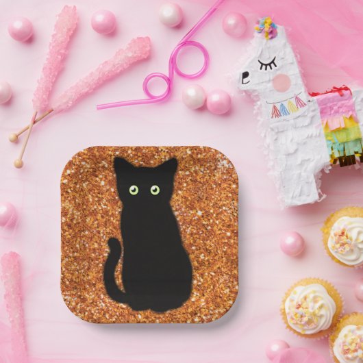 Schwarze Katze, niedliches Kätzchen, glitzernder o Pappteller (Party)
