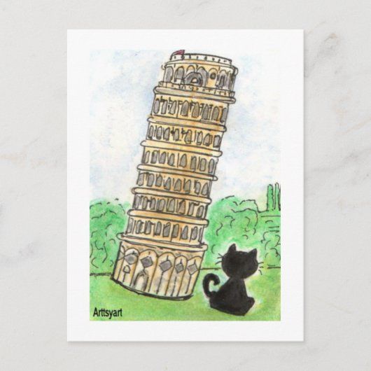 Schwarze Katze Noir Chat Schiefer Turm von Pisa Postkarte (Vorderseite)