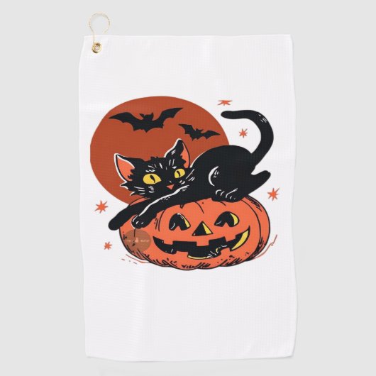 Schwarze Katze, nostalgischer Halloween-klassische Golfhandtuch (Vorderseite)