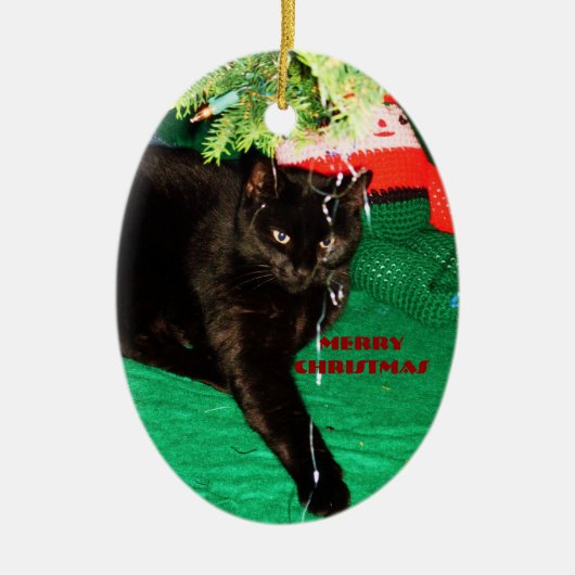 SCHWARZE KATZE, NUR CHRISTMAS Zierdekoration Keramik Ornament (Vorne)