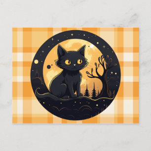 Schwarze Katze Orange und Kariertes weißes Hallowe Feiertagspostkarte