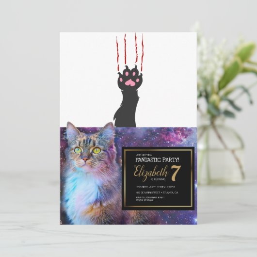 Schwarze Katze Pfote drucken - Farbe auswählen Einladung (Stehend Vorderseite)