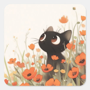 Schwarze Katze Poppy Meadow Quadratischer Aufkleber
