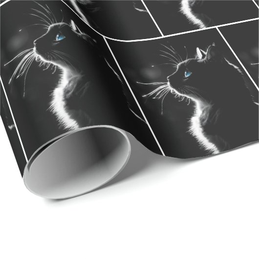Schwarze Katze Portrait mit blauem Auge Geschenkpapier (Rolleneckpunkt)