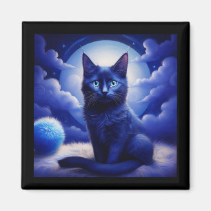 Schwarze Katze posiert vor Mond und weißen Wolken Magnet