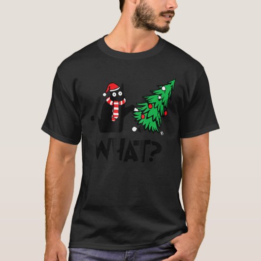 Schwarze Katze Pushing Weihnachtsbaum über Katze W T-Shirt (Vorderseite)