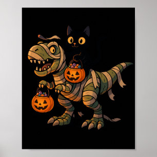 Schwarze Katze reitet auf Mumien-T-Rex – Süßer Hal Poster
