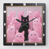 Schwarze Katze Rosa Katzen Quadratische Wanduhr (Vorderseite)