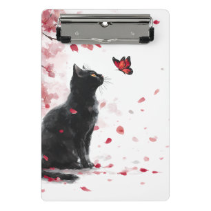 Schwarze Katze - rosa Kirschblüten mit Schmetterli Mini Klemmbrett