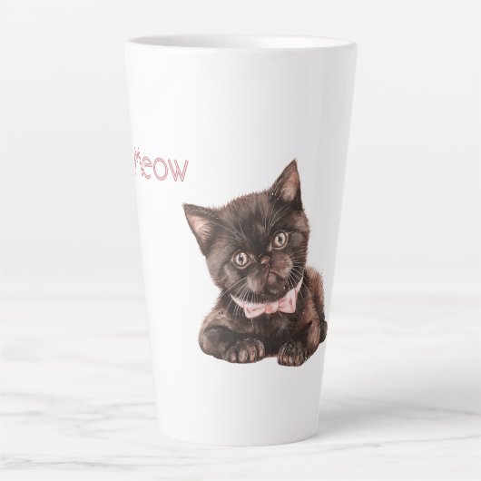 Schwarze Katze rosa Schleife Milchtasse (Vorderseite)