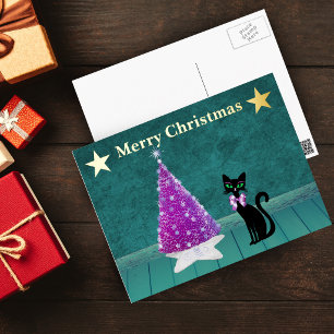 Schwarze Katze Rosa Schleife Rosa Weihnachtsbaum G Folien Feiertagspostkarte