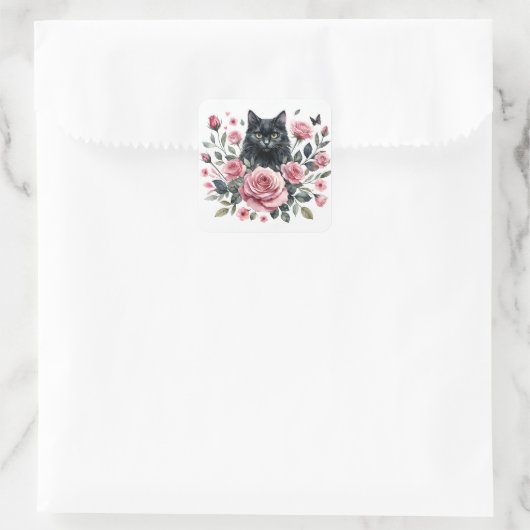 Schwarze Katze Rosen Farbe Quadratischer Aufkleber (Tasche)