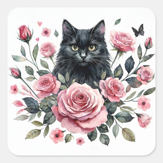 Schwarze Katze Rosen Farbe Quadratischer Aufkleber (Vorderseite)