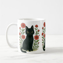 Schwarze Katze & Rote Blumen Tasse