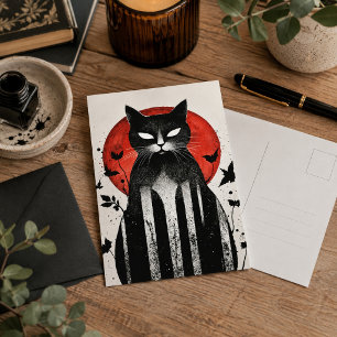Schwarze Katze Roter Mond Gothic Halloween Kunst Postkarte
