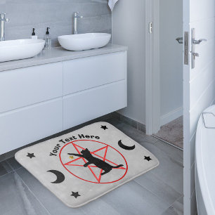 Schwarze Katze rotes Pentagramm Sterne Monde Grau Badematte