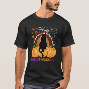 Schwarze Katze Santa Hut Glückliches Hallothanksma T-Shirt