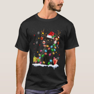 Schwarze Katze Santa Hut Rentier Weihnachtslichter T-Shirt