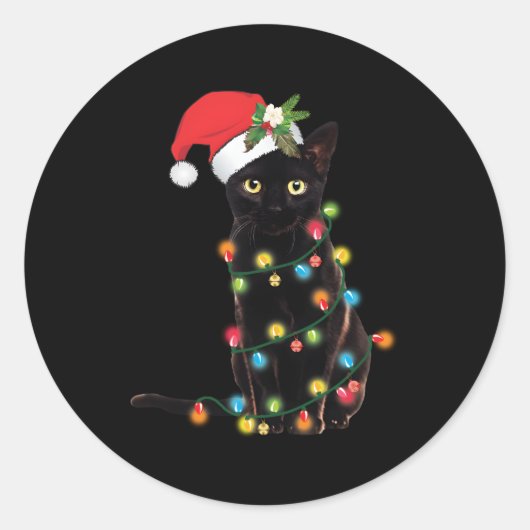 Schwarze Katze Santa in Lights aufgetaucht Runder Aufkleber (Vorderseite)